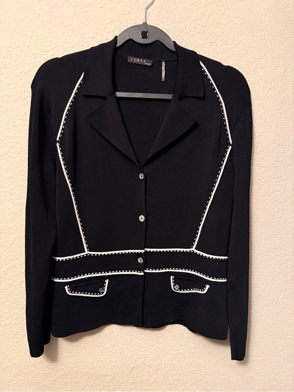 Cyrus 90’s Vintage Black Knit Contrast Piping Blazer Cardigan Size PL